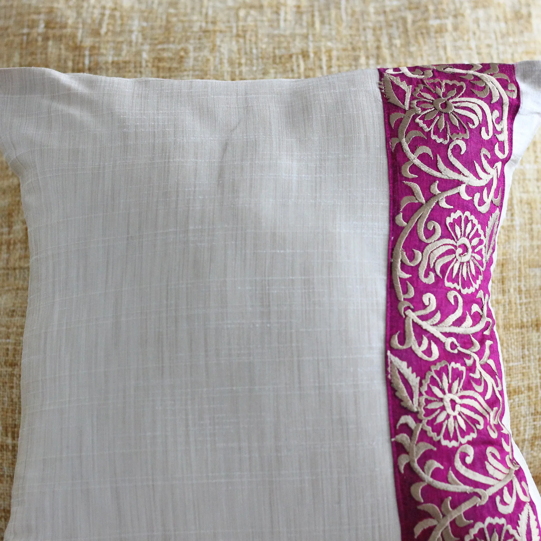 Decorative Silk Cushion Cover - Intricate Floral Embroidery | Cream Pillow, 15.5"