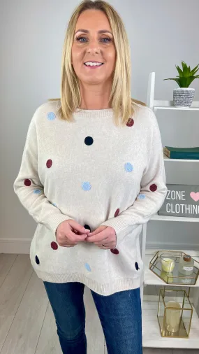 Erin - Cream Multi Print Polka Dot Jumper