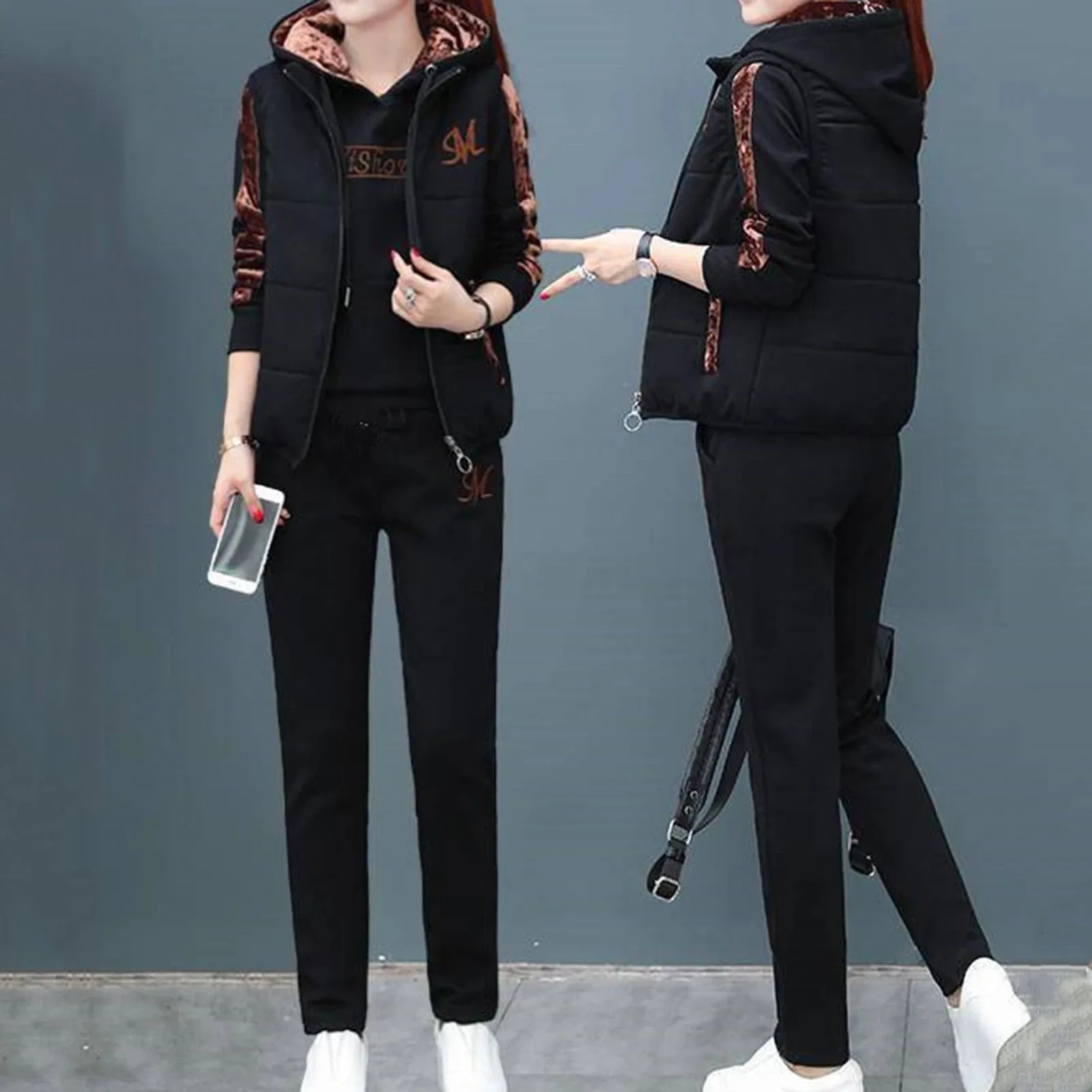 Fashion Warm Three Piece Set Women Outfit 2025 Fall Winter Thicken Tracksuit Casual Waistcoat Hoodies Pant Female Sweat Suit