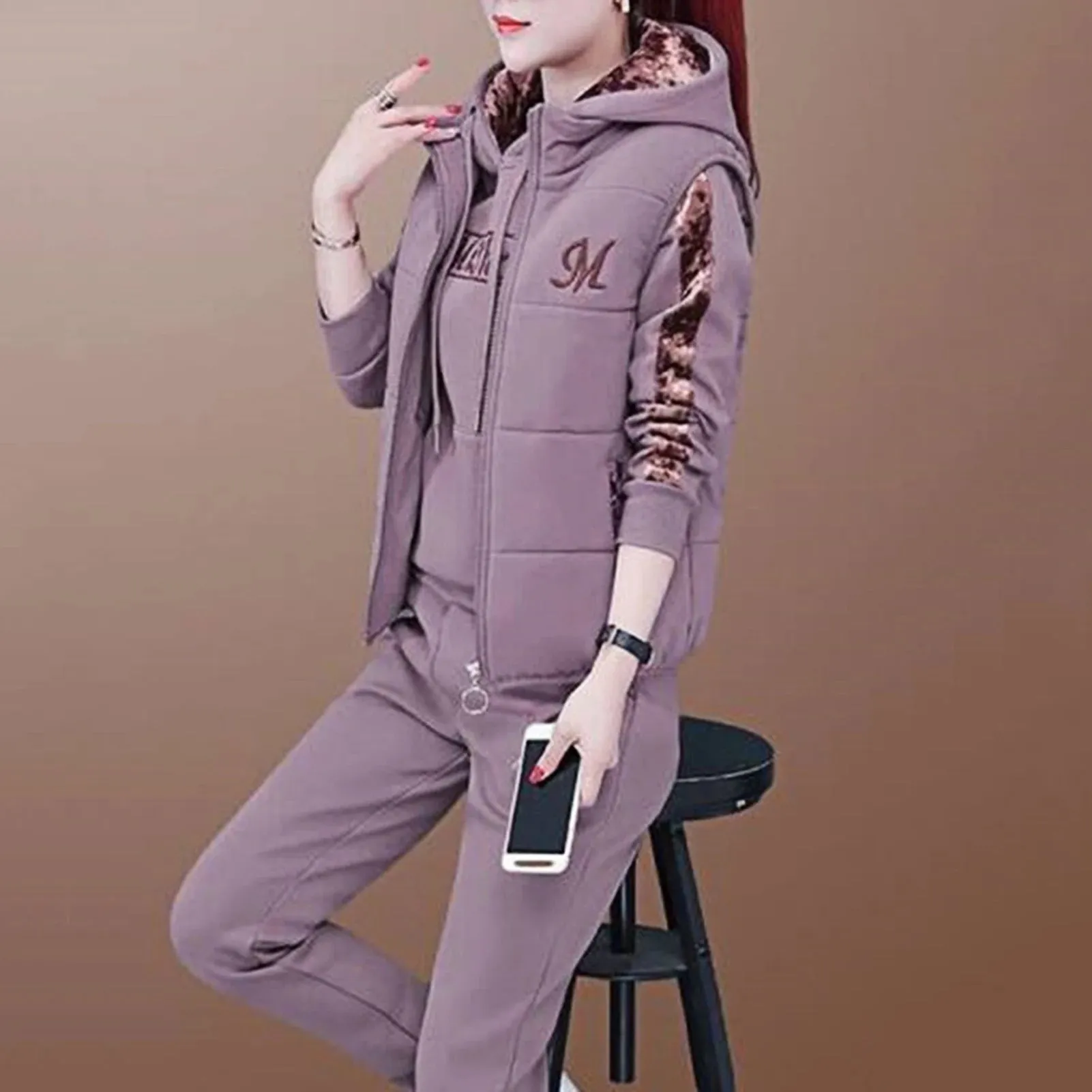 Fashion Warm Three Piece Set Women Outfit 2025 Fall Winter Thicken Tracksuit Casual Waistcoat Hoodies Pant Female Sweat Suit