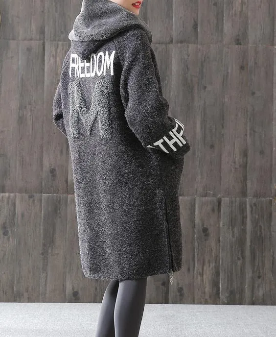 Fleece Gray Women Coat Handmade loose Hooded Women Wool Coat Jacket