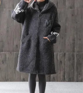 Fleece Gray Women Coat Handmade loose Hooded Women Wool Coat Jacket