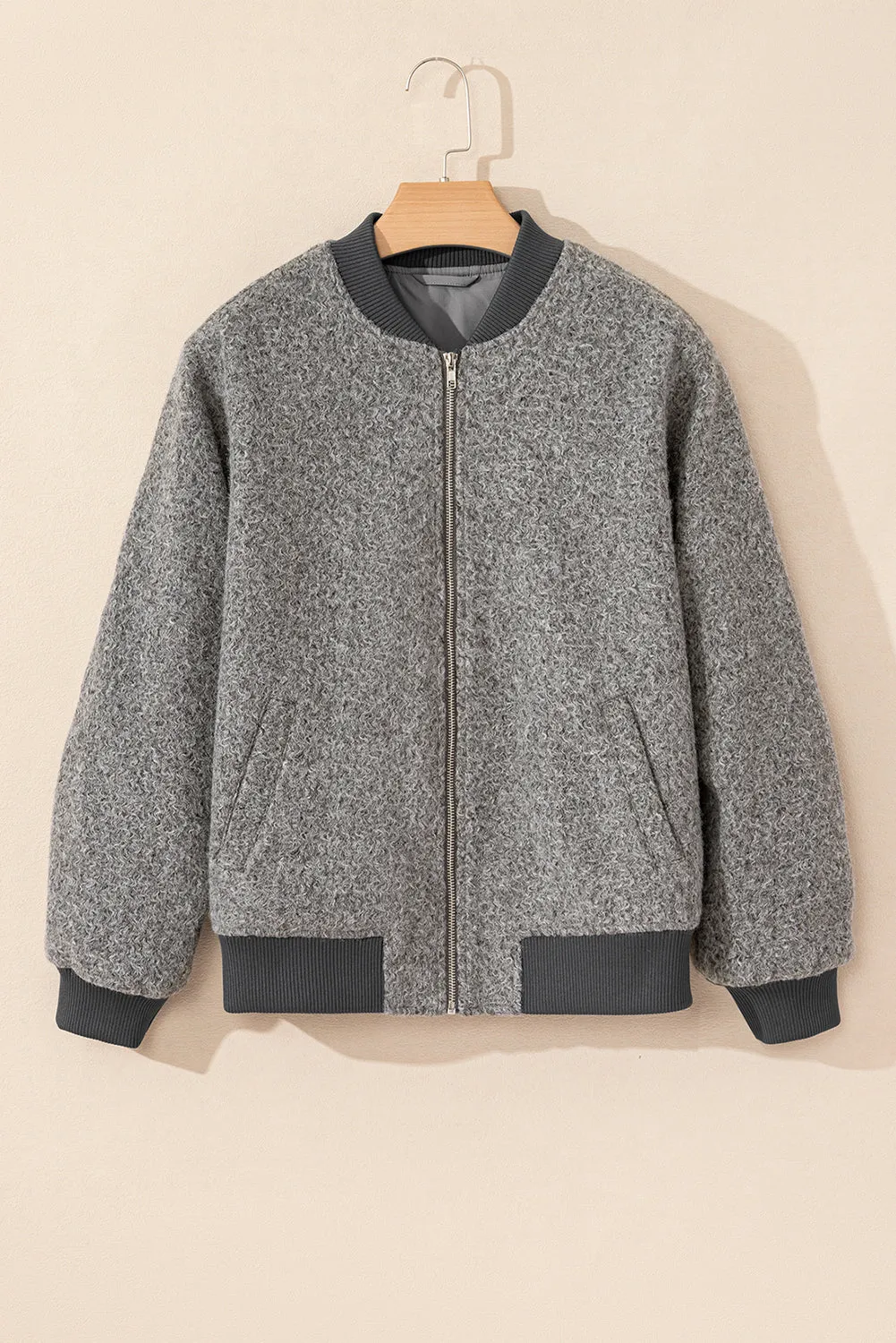 Fleece Zip Up Pocketed Bomber Jacket