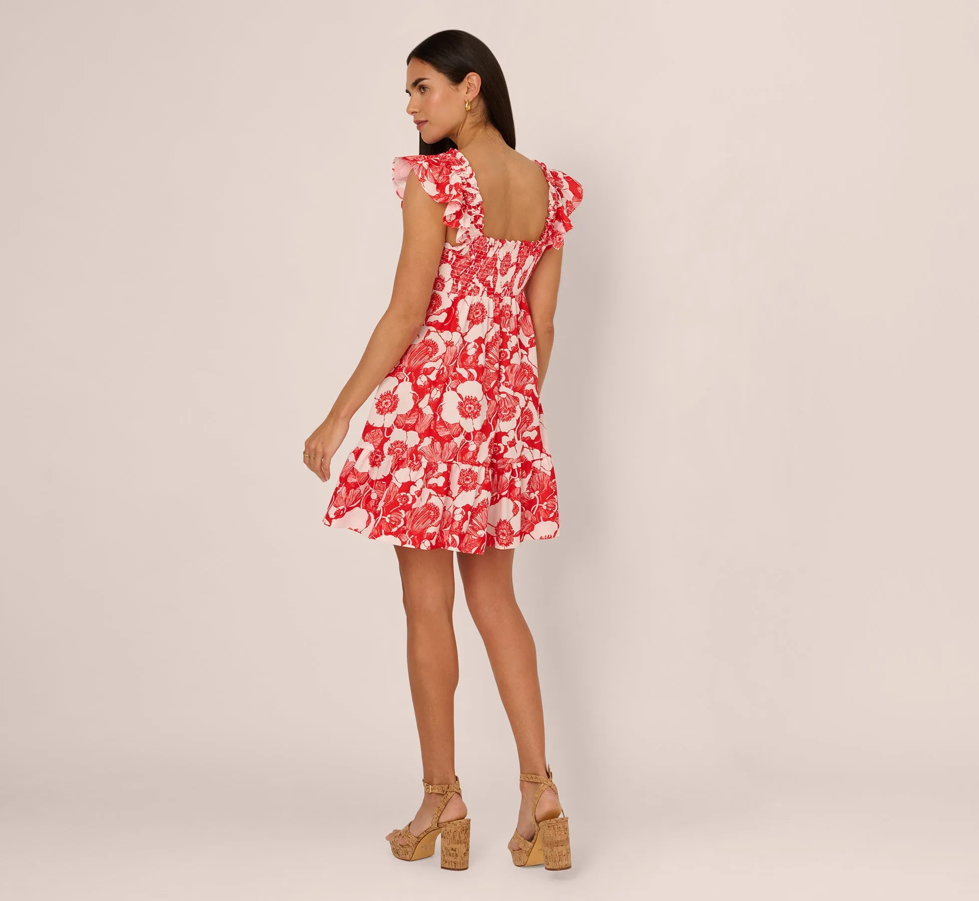 Floral Print Smocked Dress With Ruffled Trim In Orange Ivory