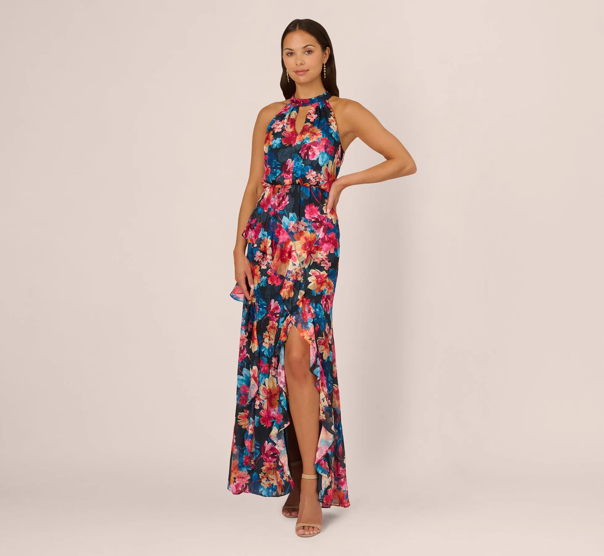 Floral Printed Halter Mermaid Gown With Ruffle Details In Navy Multi