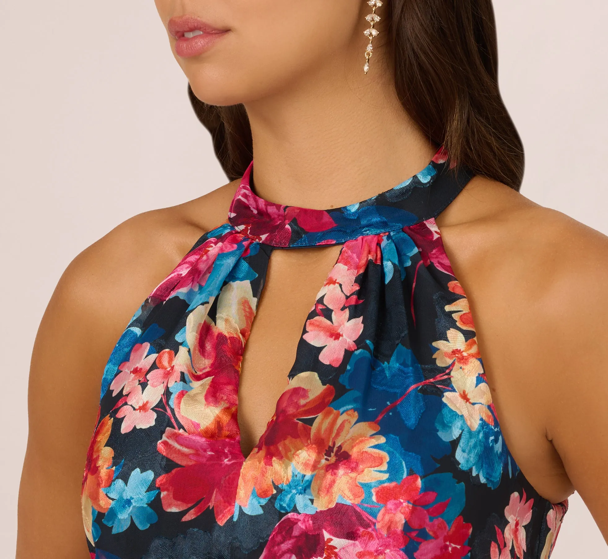 Floral Printed Halter Mermaid Gown With Ruffle Details In Navy Multi