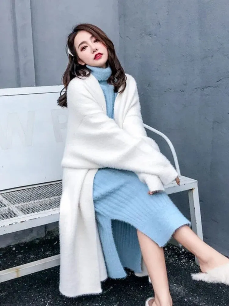 Getadme Imitation Mink Long Cardigan Women Casual Loose Soft Sweater Gilet Elegant Fall Winter Fluffy Knitwear Jackets Warm Knit