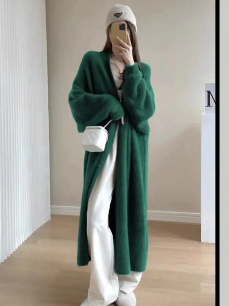 Getadme Imitation Mink Long Cardigan Women Casual Loose Soft Sweater Gilet Elegant Fall Winter Fluffy Knitwear Jackets Warm Knit