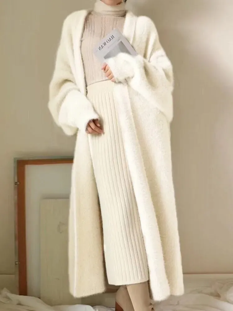 Getadme Imitation Mink Long Cardigan Women Casual Loose Soft Sweater Gilet Elegant Fall Winter Fluffy Knitwear Jackets Warm Knit