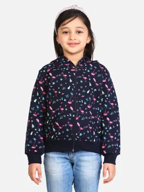 Girl's  Navy Flamingo Printed Jacket With Hoodie - StyleStone Kid