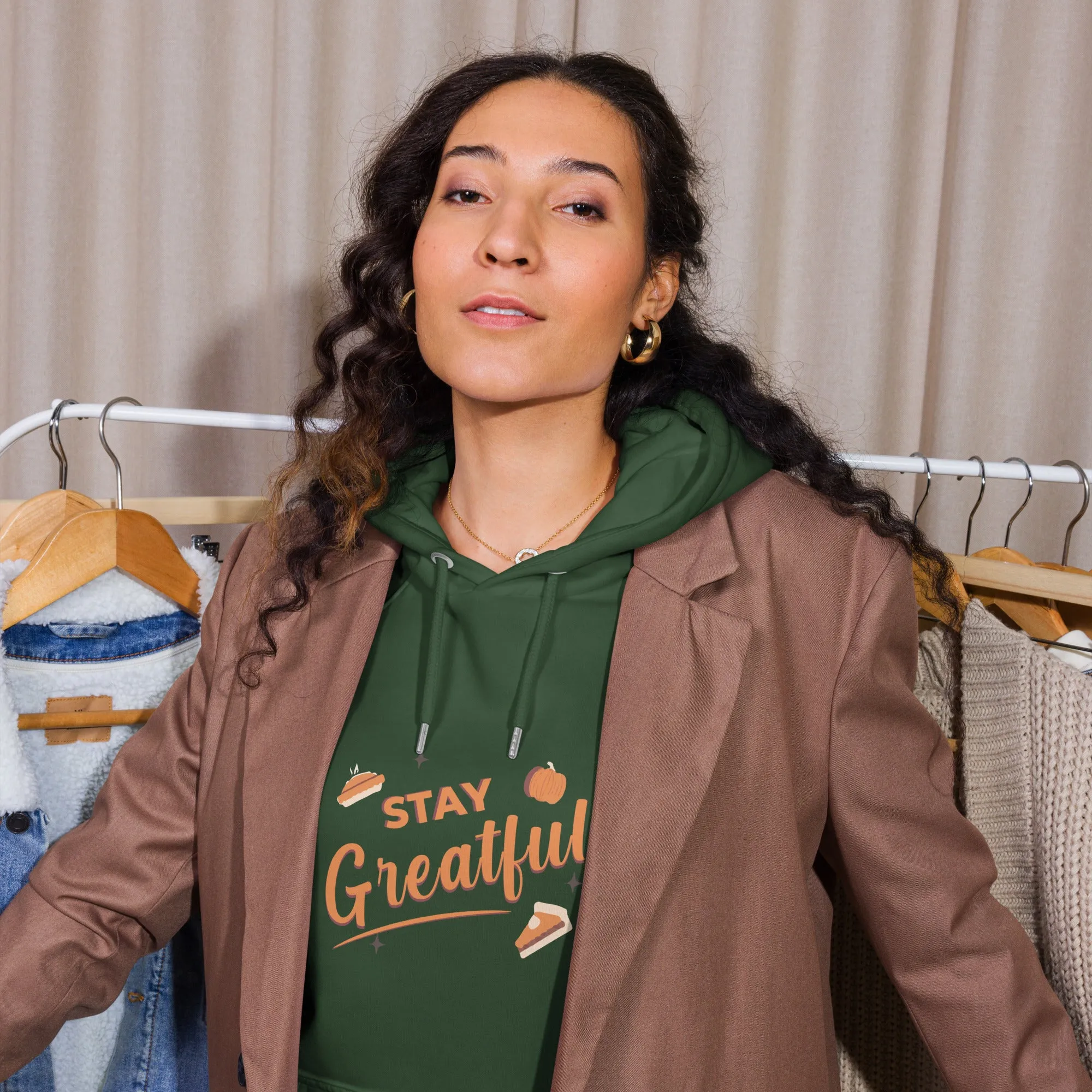 Grateful Thankful And Stuffed Graphic Women Eco Raglan Hoodie