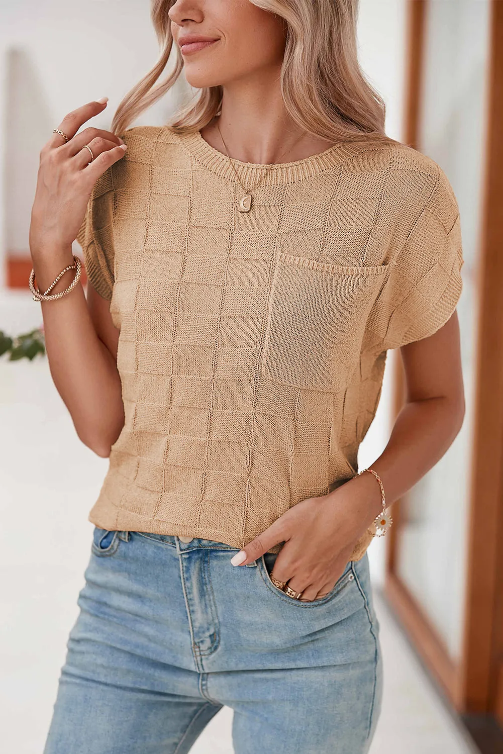 Gray Lattice Textured Knit Chest Pocket Loose Blouse