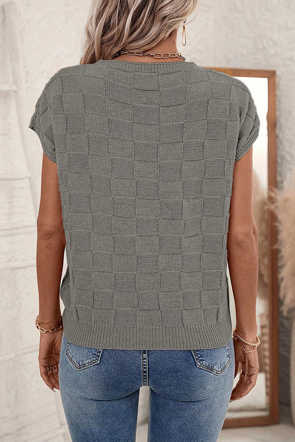 Gray Lattice Textured Knit Chest Pocket Loose Blouse