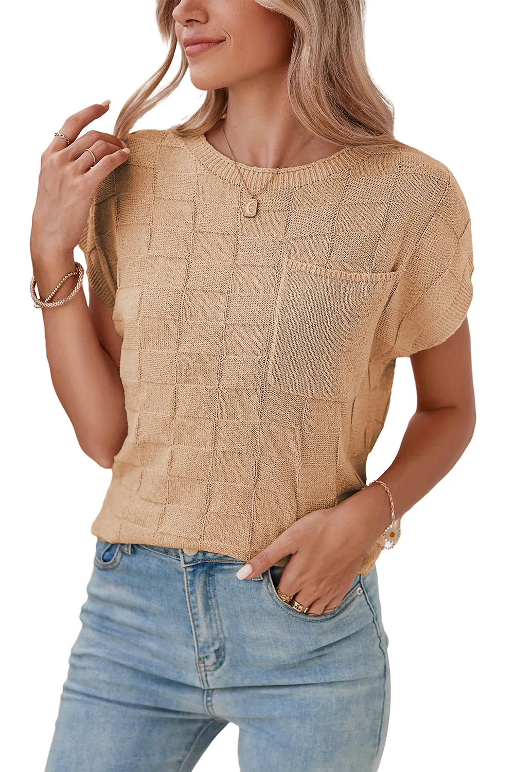 Gray Lattice Textured Knit Chest Pocket Loose Blouse