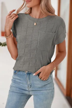 Gray Lattice Textured Knit Chest Pocket Loose Blouse