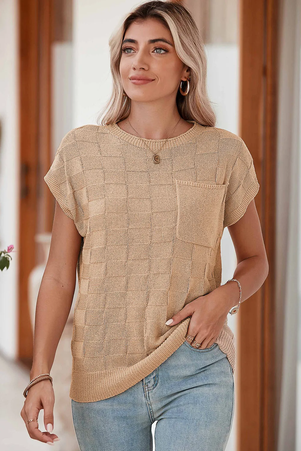 Gray Lattice Textured Knit Chest Pocket Loose Blouse