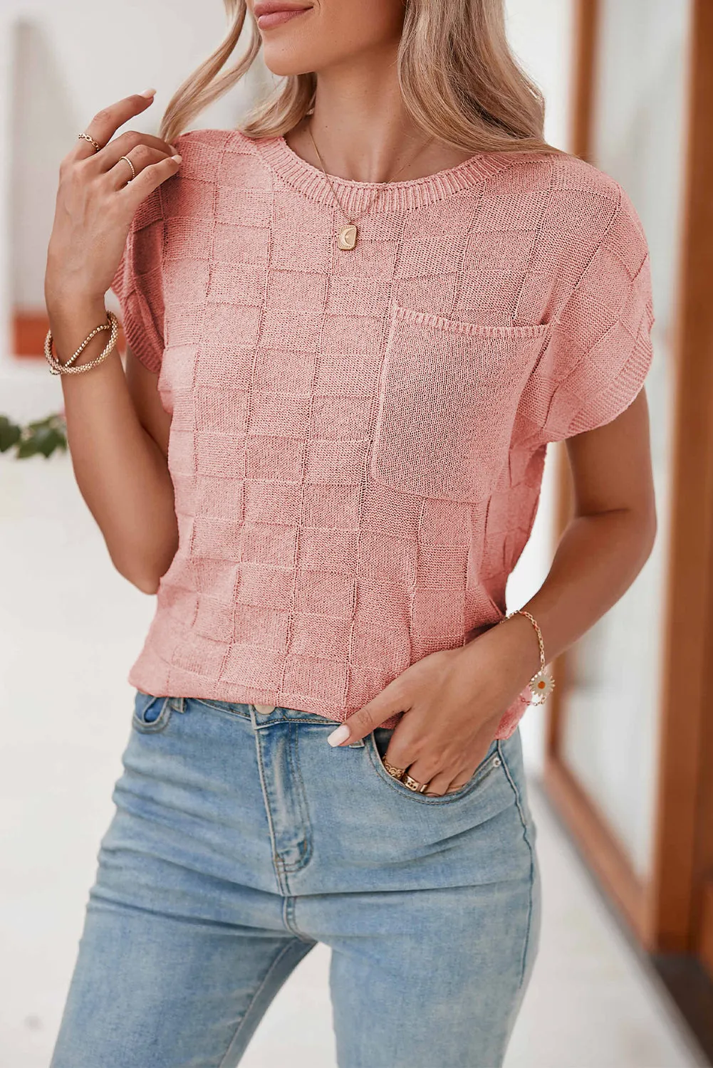 Gray Lattice Textured Knit Chest Pocket Loose Blouse