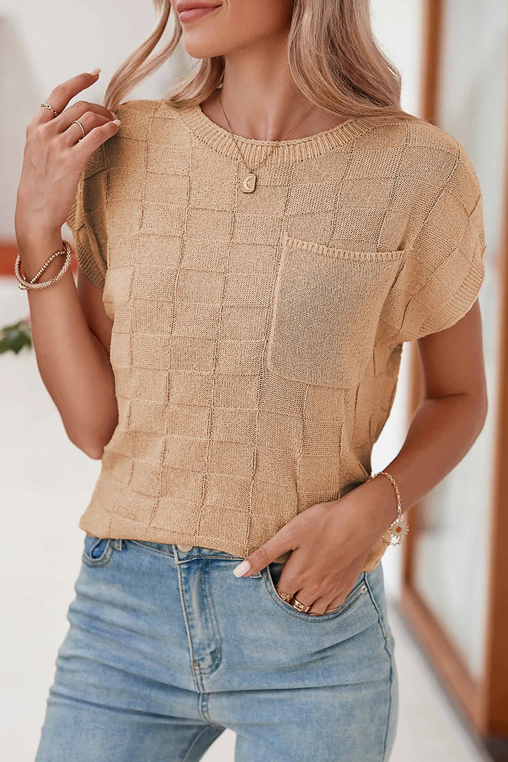 Gray Lattice Textured Knit Chest Pocket Loose Blouse