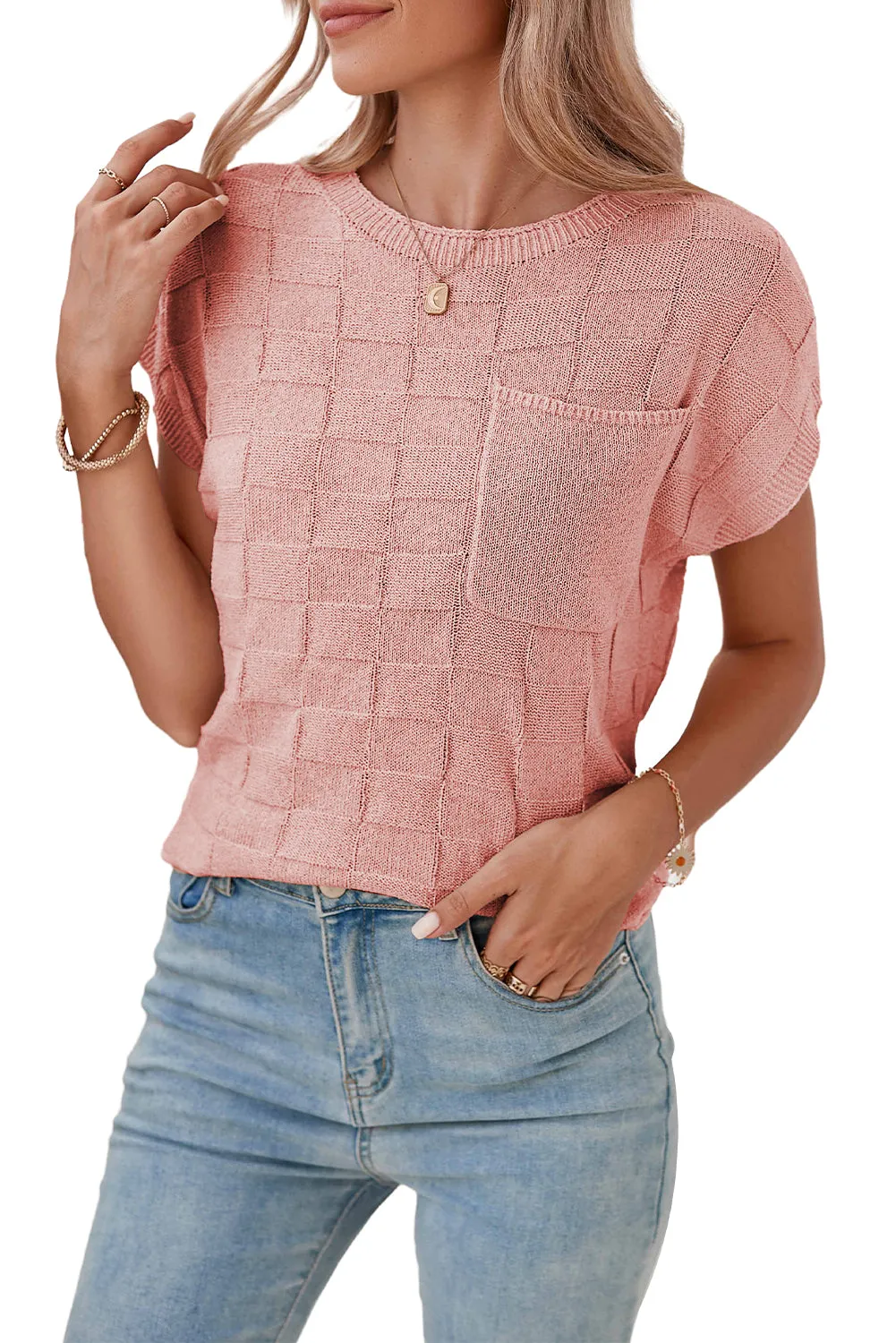 Gray Lattice Textured Knit Chest Pocket Loose Blouse