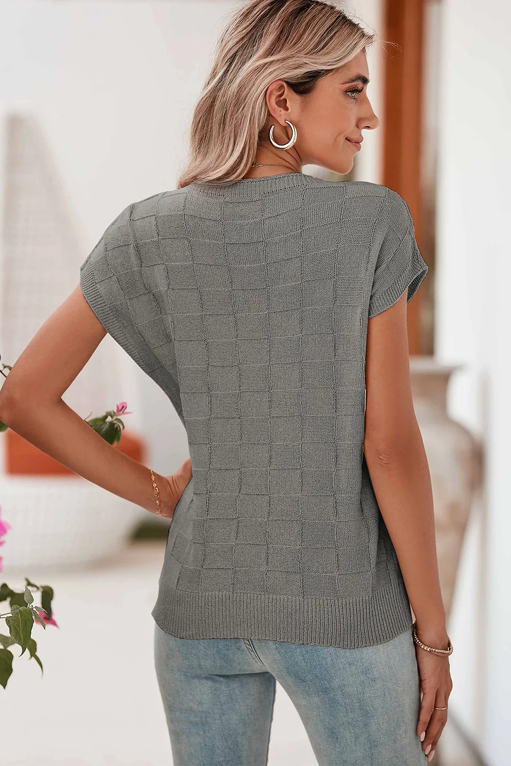 Gray Lattice Textured Knit Chest Pocket Loose Blouse