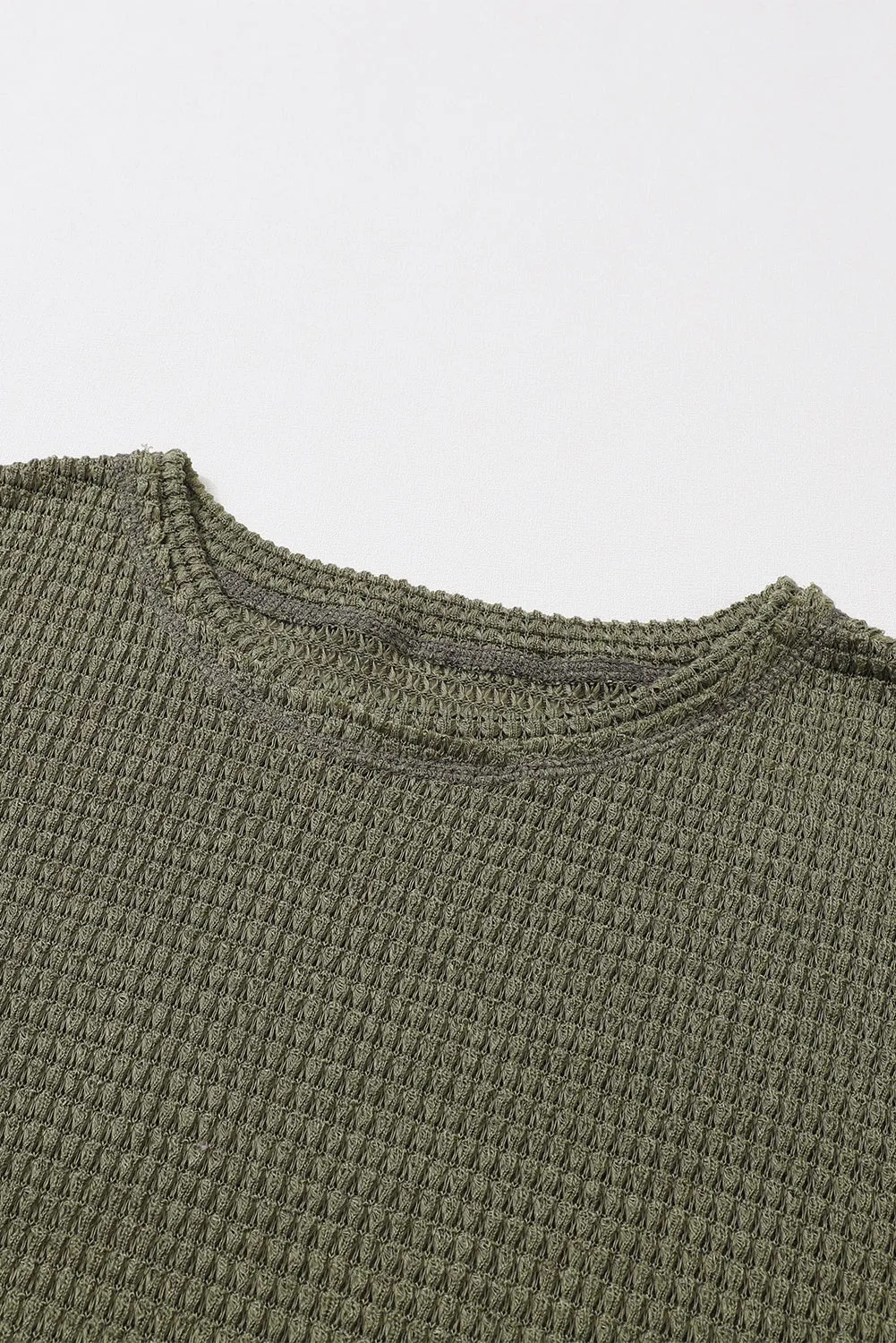 Green Waffle Knit Drop Sleeve High Slits Oversized Top