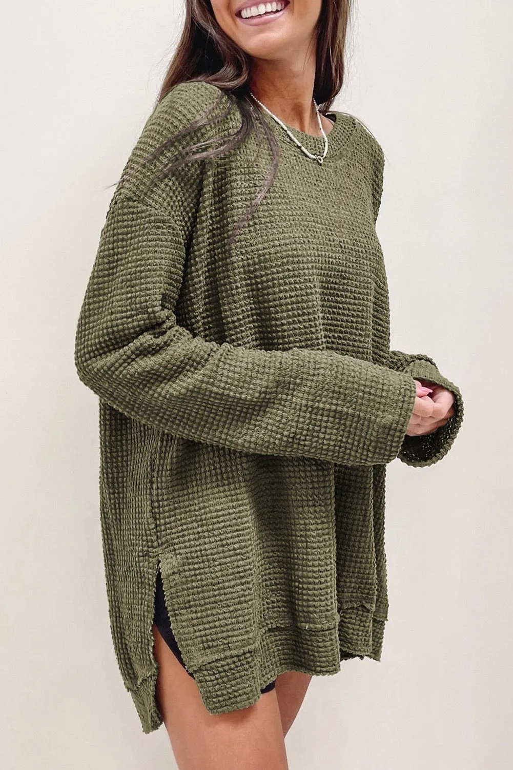 Green Waffle Knit Drop Sleeve High Slits Oversized Top