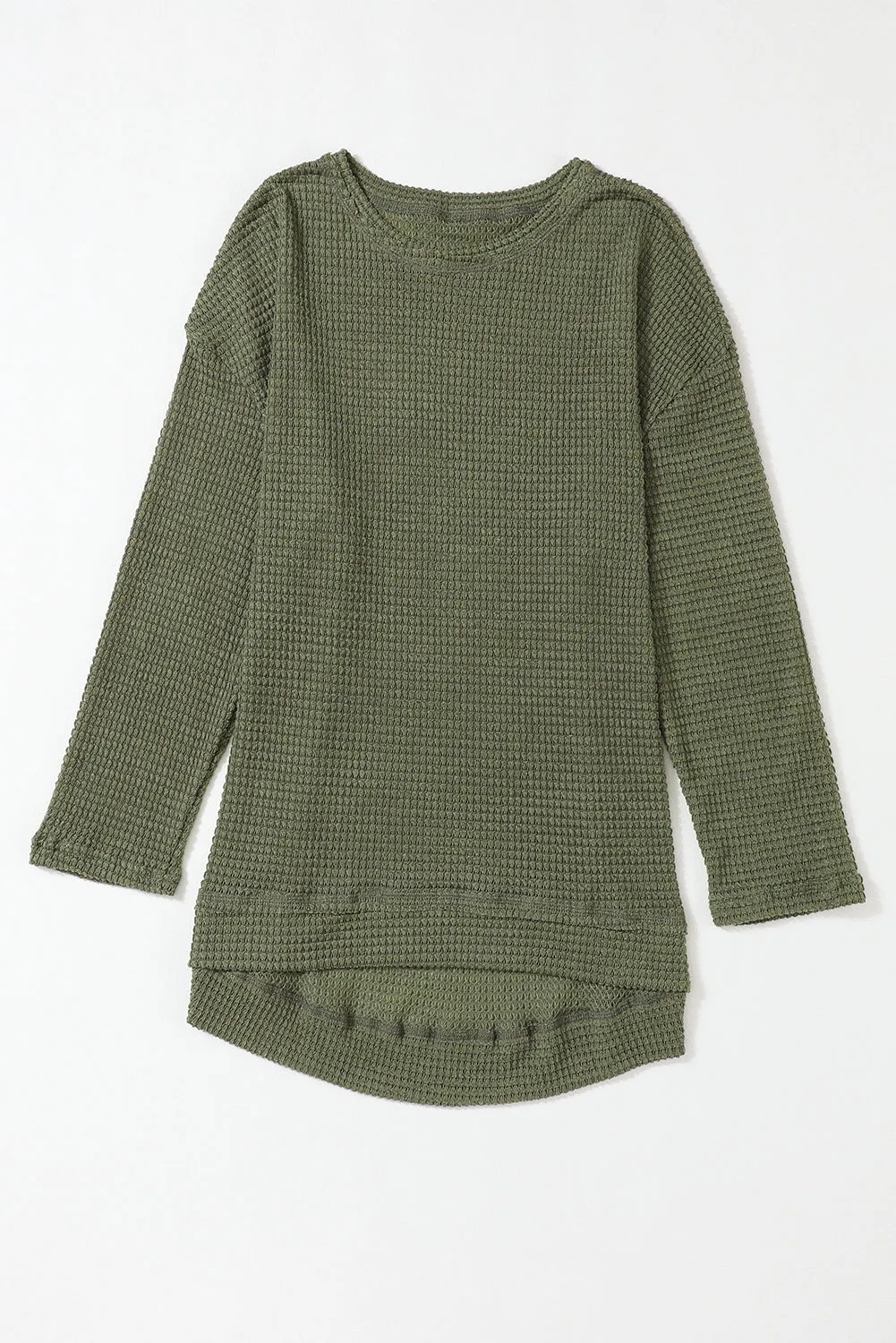 Green Waffle Knit Drop Sleeve High Slits Oversized Top