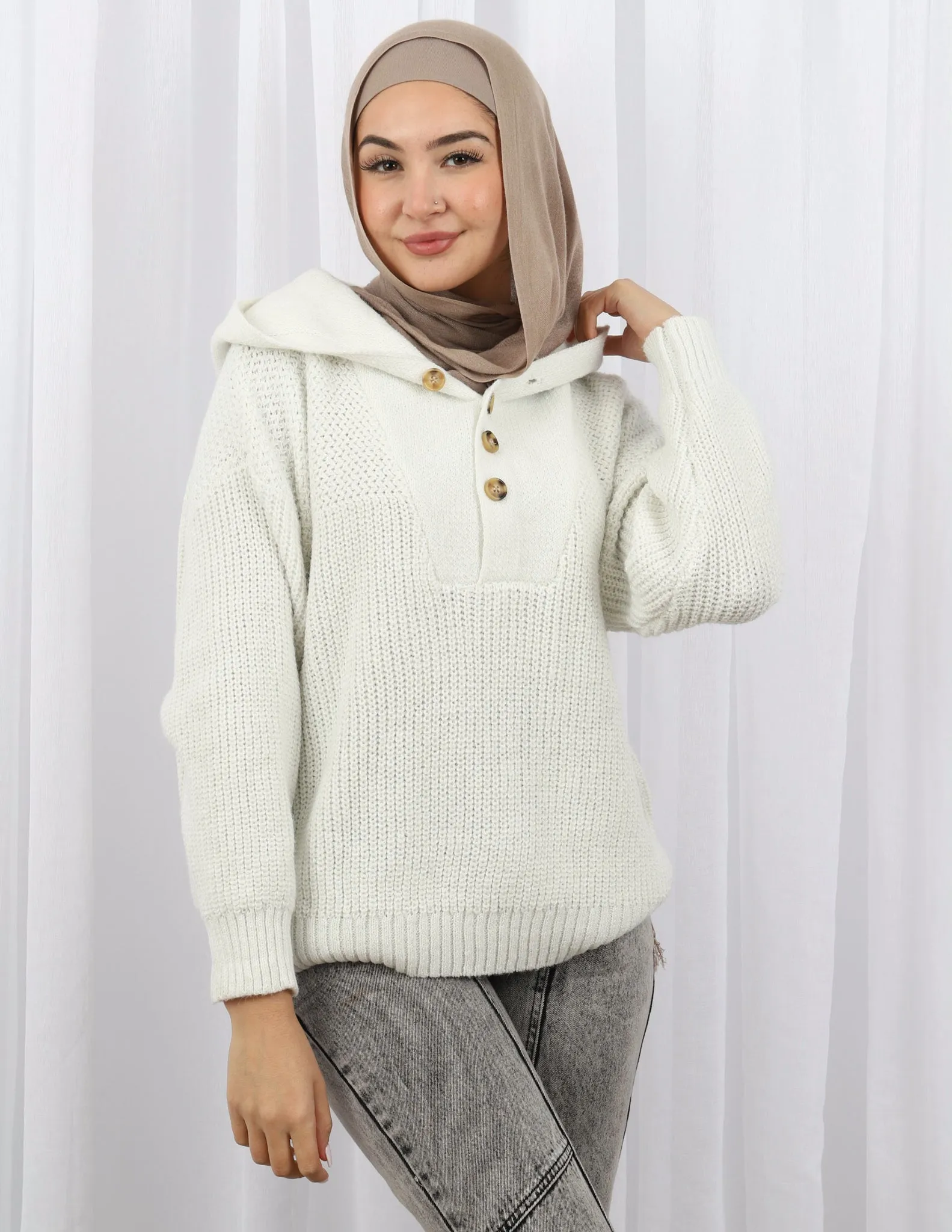 Hooded Shell Button Knit Top