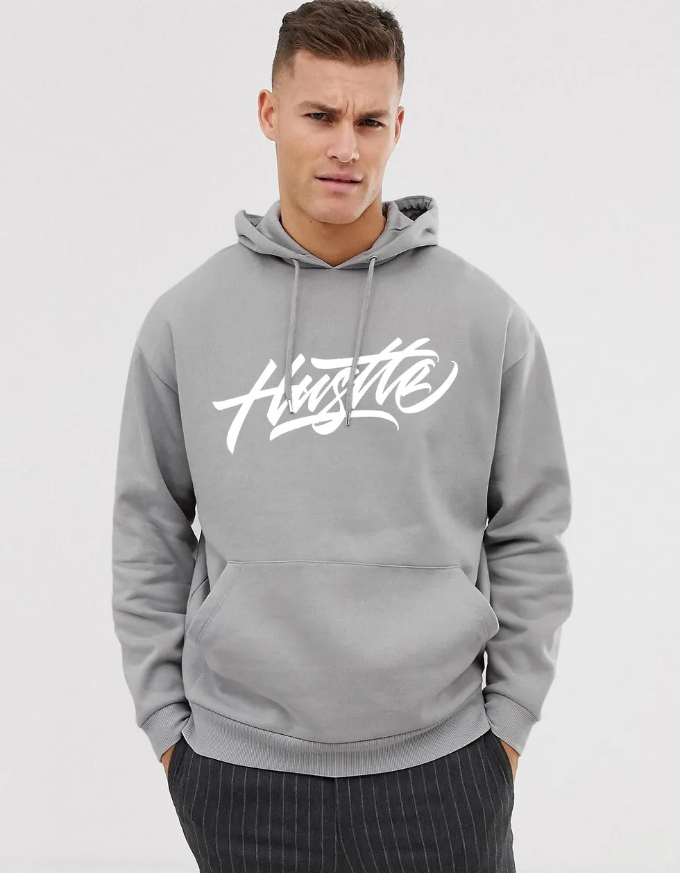 Hustle Mode: Grey Print Men's Oversized Hoodie