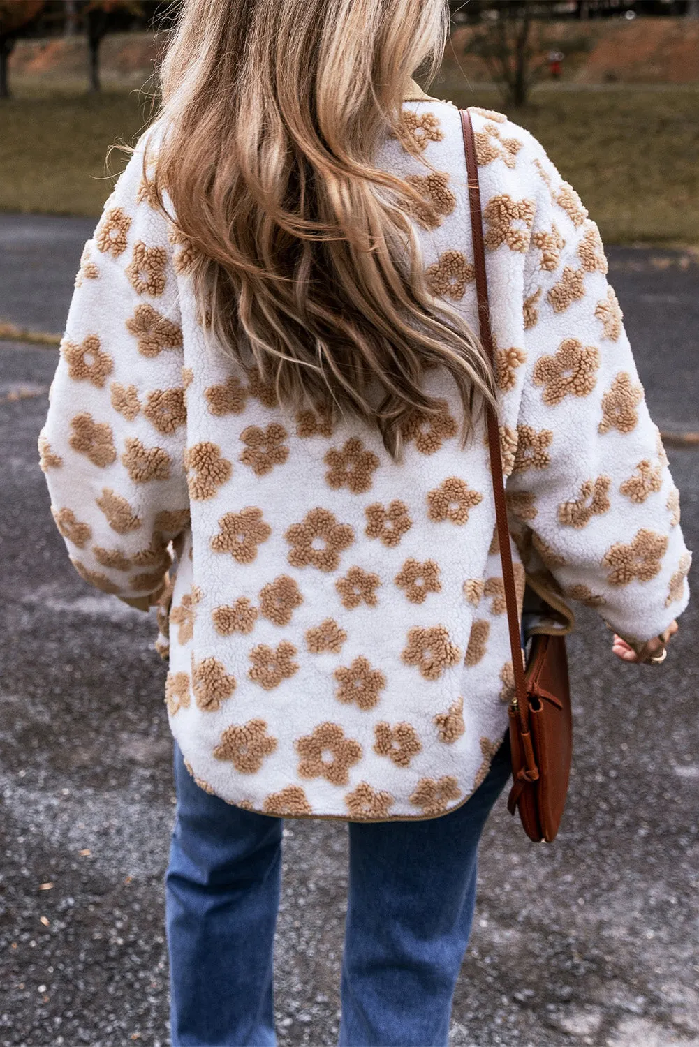 Light French Beige Cute Flower Pattern Button Up Fleece Jacket