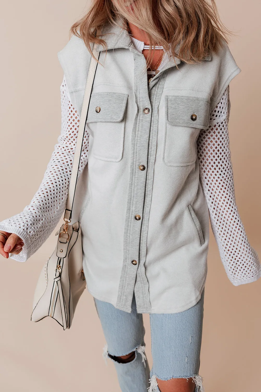 Light Grey Flap Pockets Contrast Buttons Front Jacket Vest