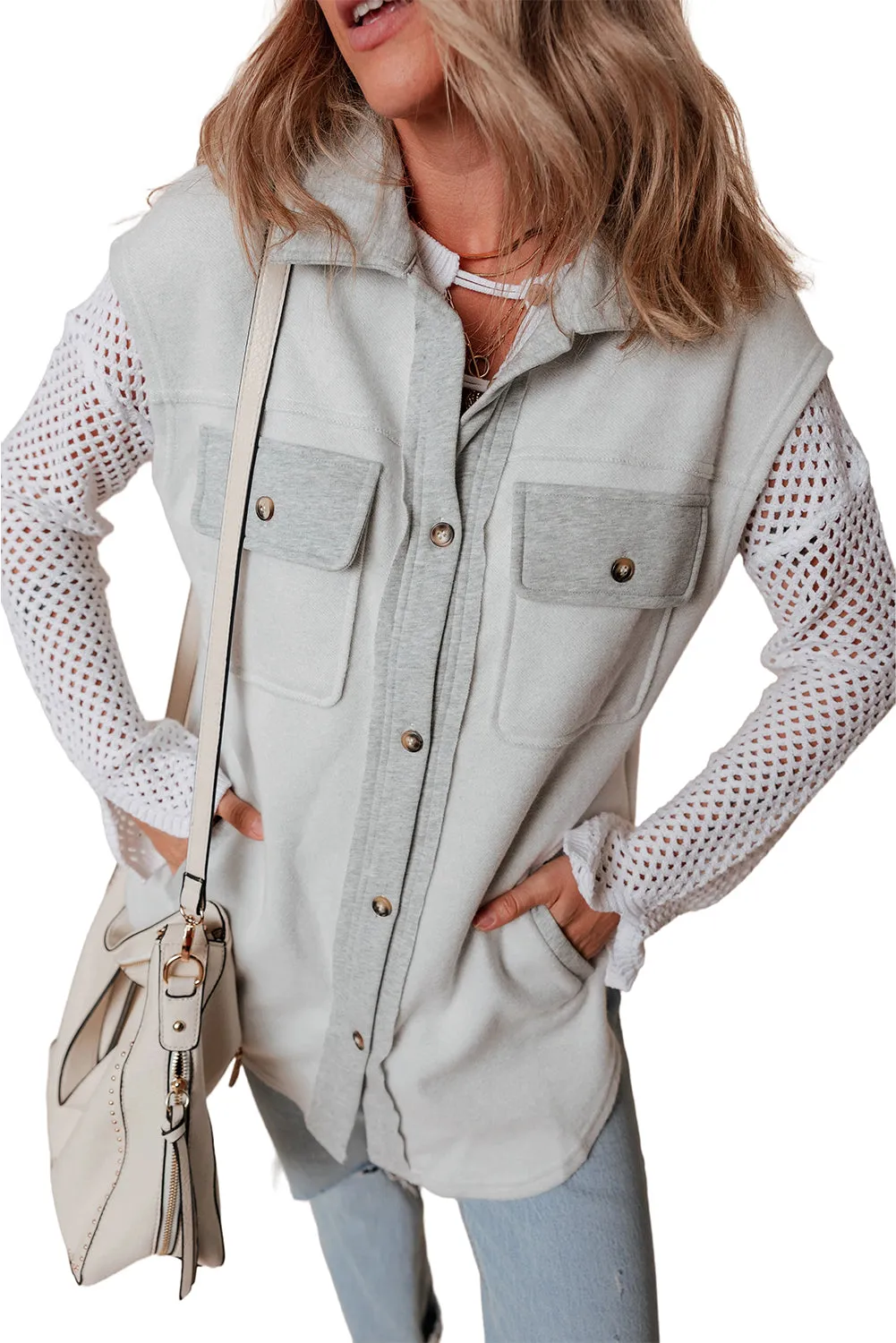 Light Grey Flap Pockets Contrast Buttons Front Jacket Vest