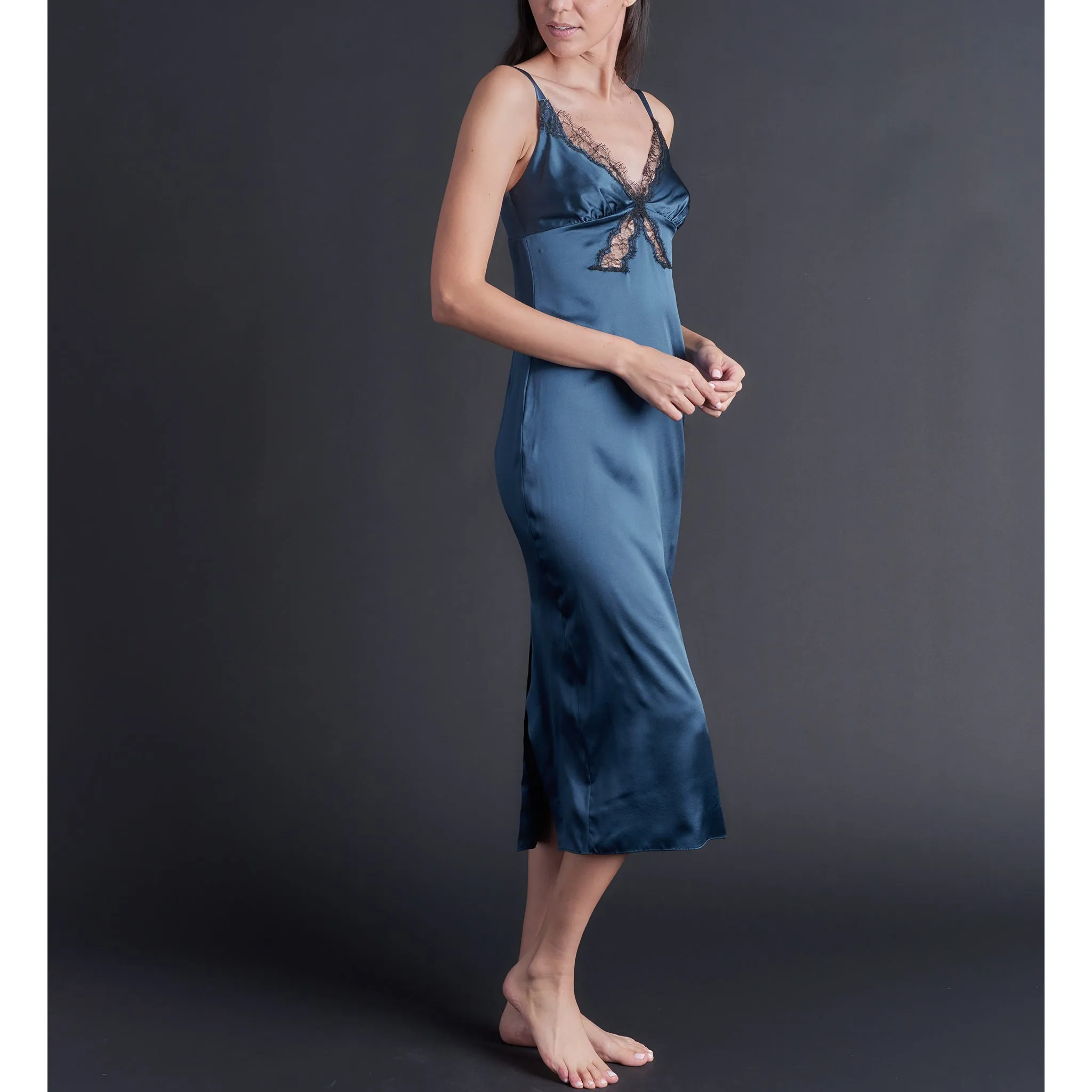 Long Laetitia Slip in Peacock Stretch Silk Charmeuse