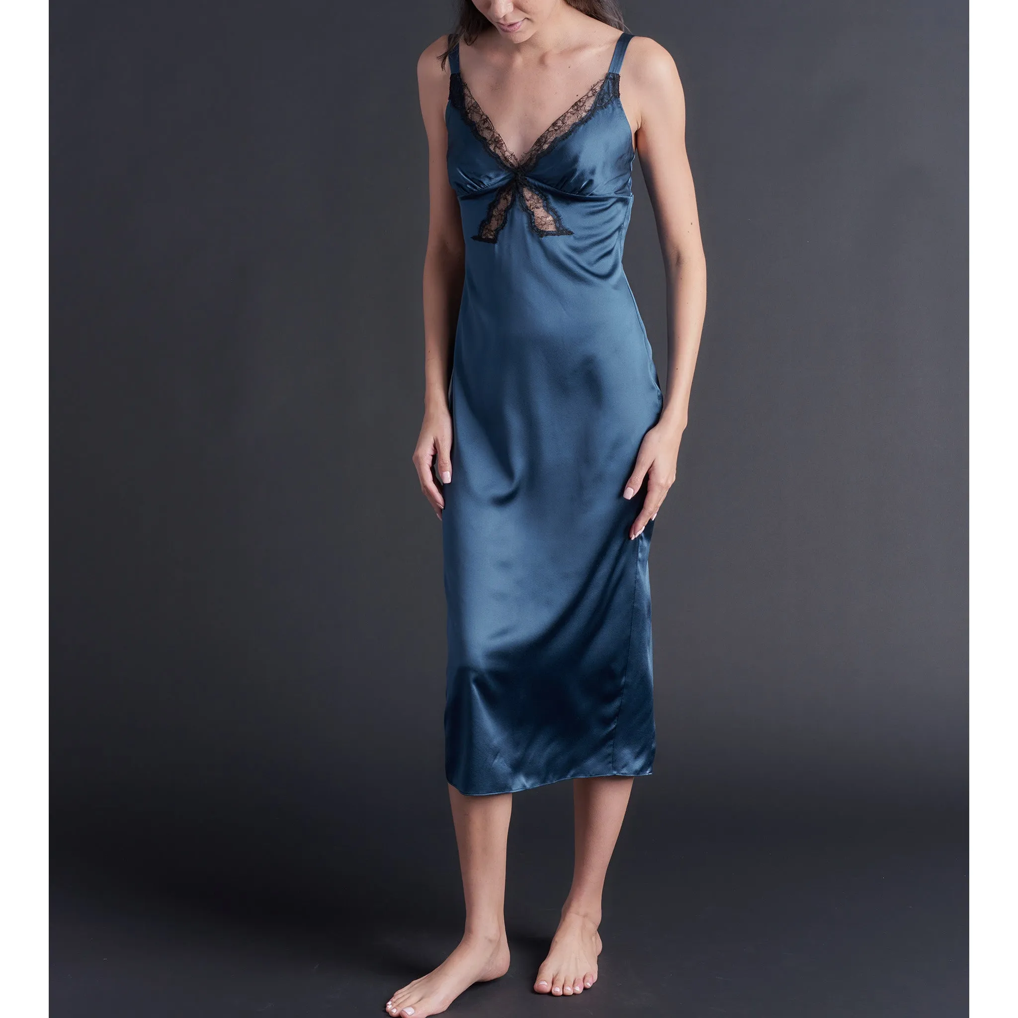 Long Laetitia Slip in Peacock Stretch Silk Charmeuse