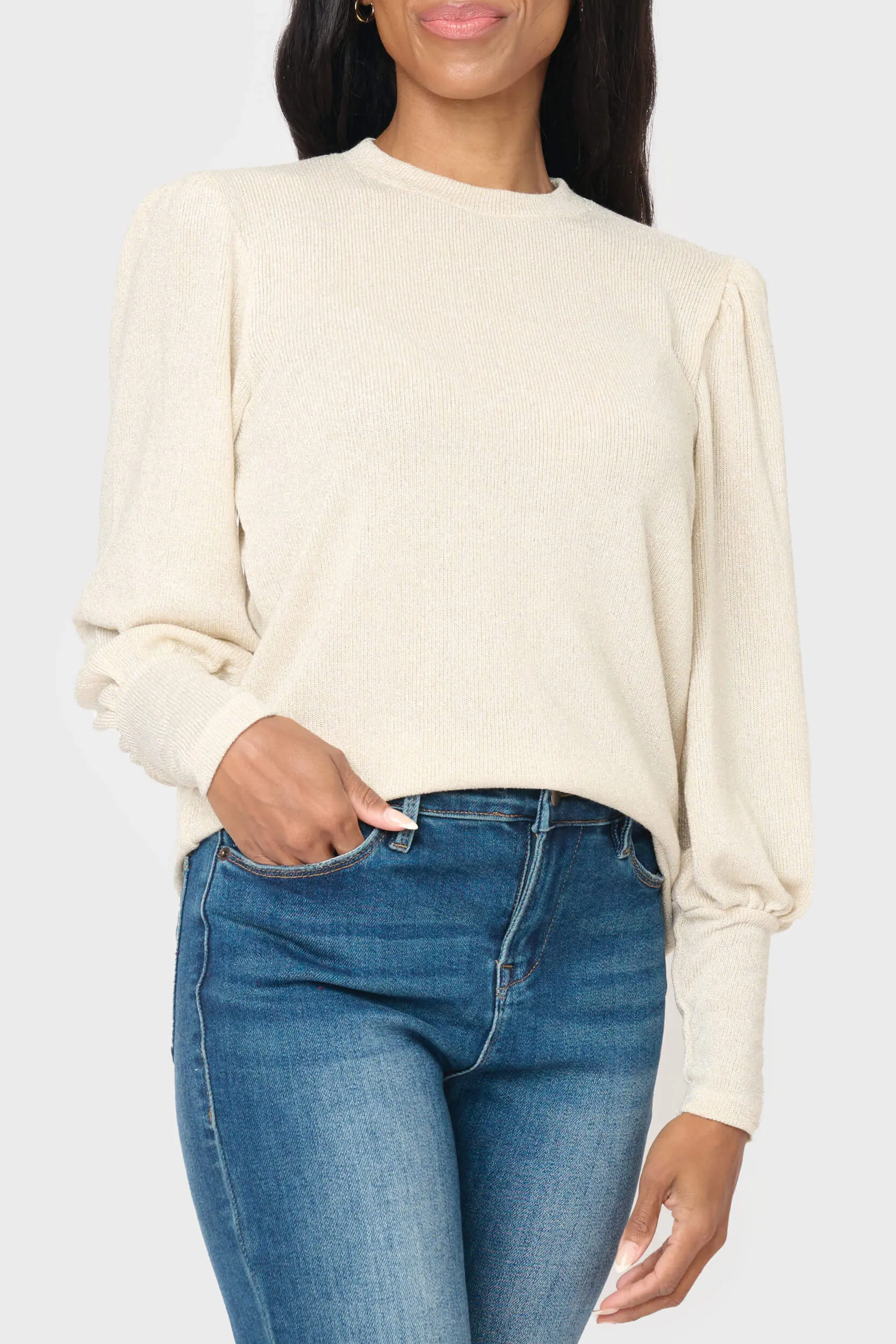 Long Puff Sleeve Crew Neck Lurex Knit Top