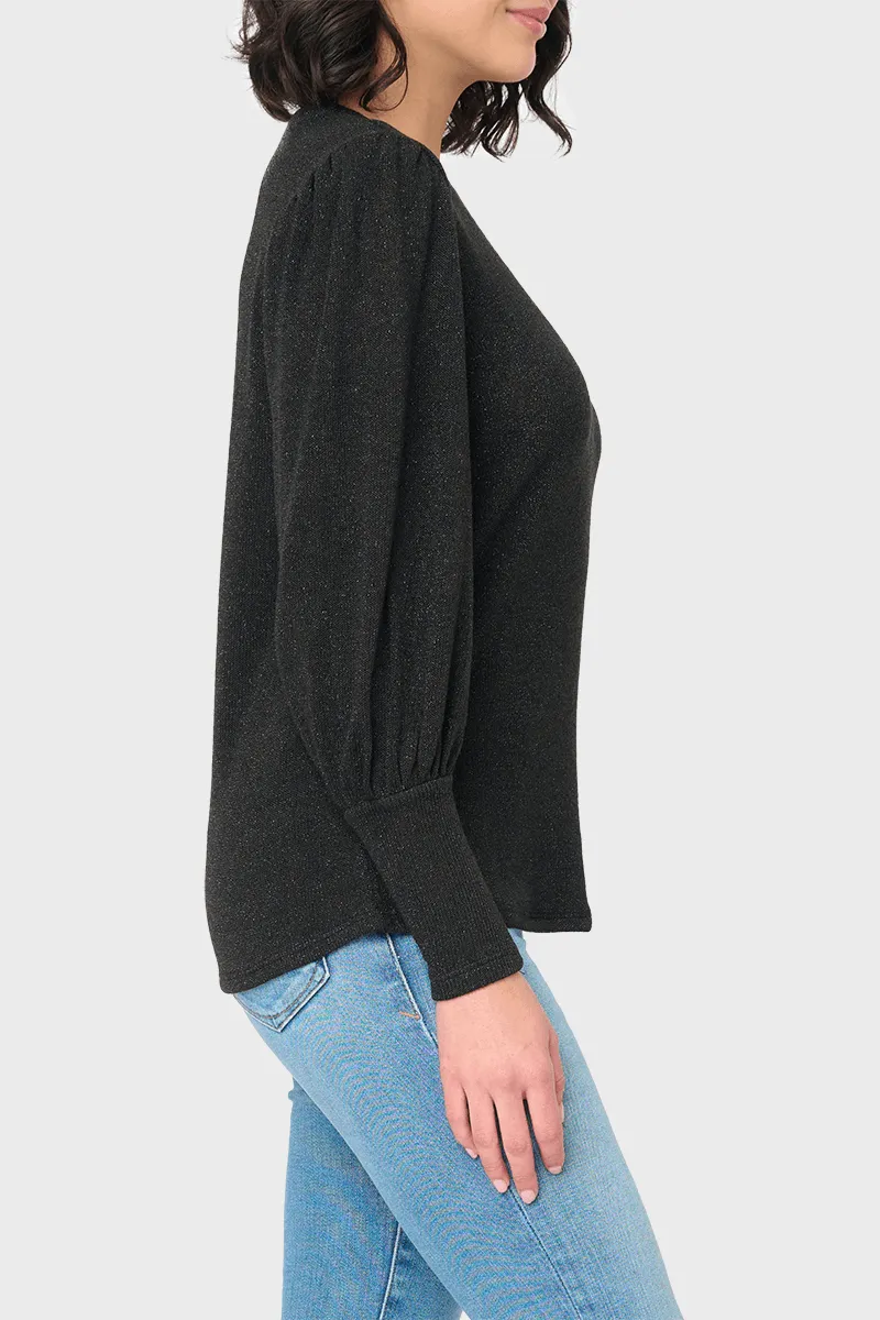 Long Puff Sleeve Crew Neck Lurex Knit Top