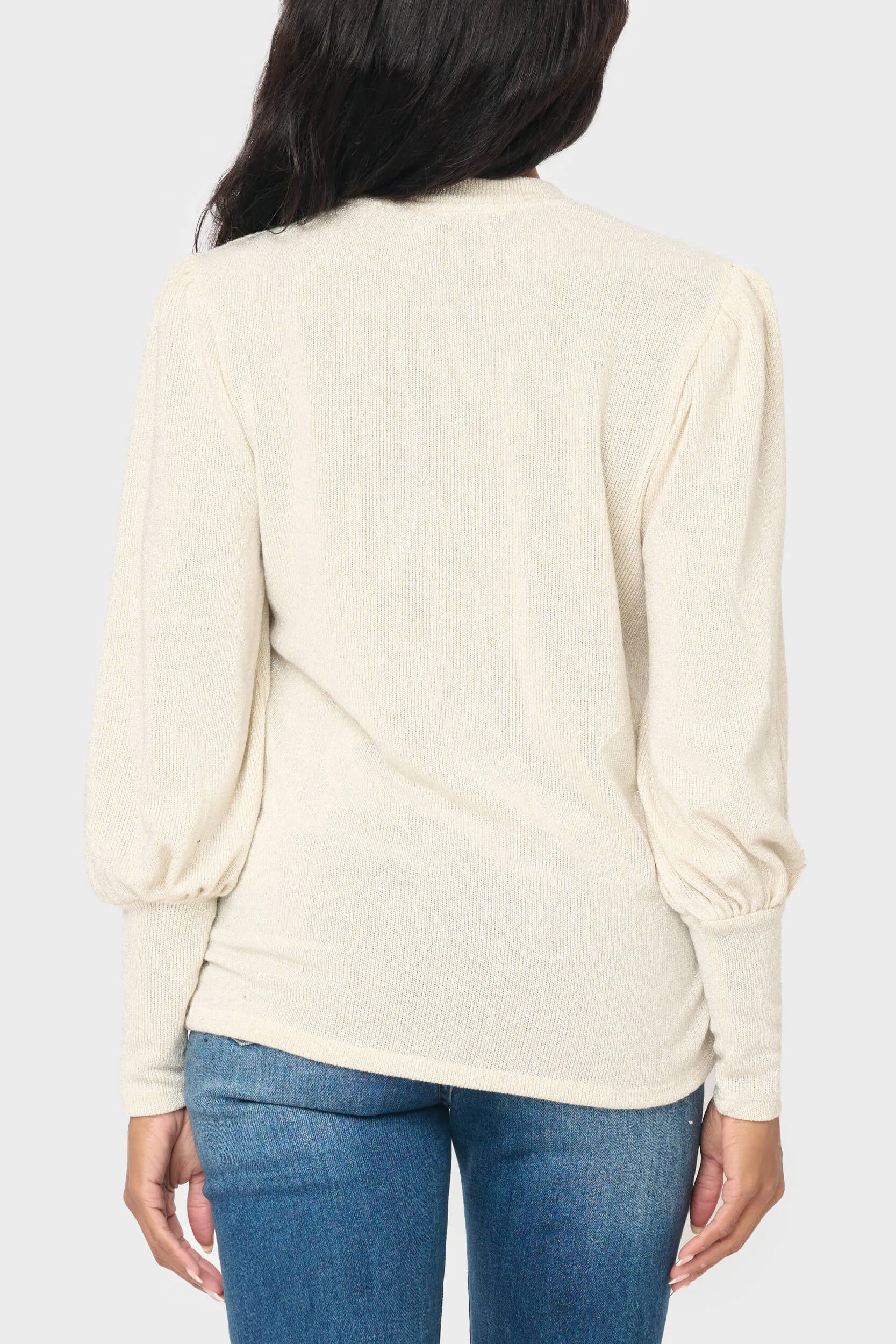 Long Puff Sleeve Crew Neck Lurex Knit Top