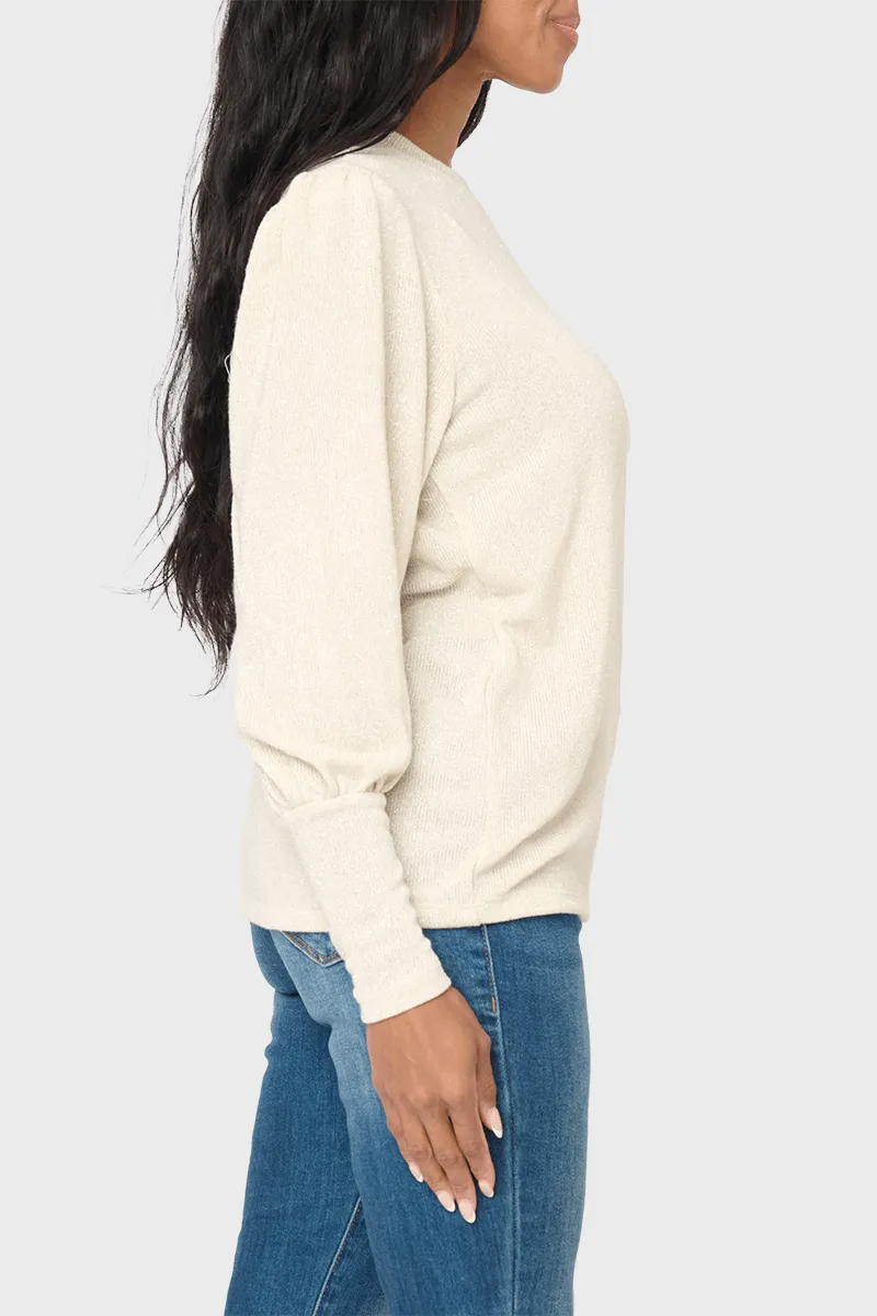 Long Puff Sleeve Crew Neck Lurex Knit Top