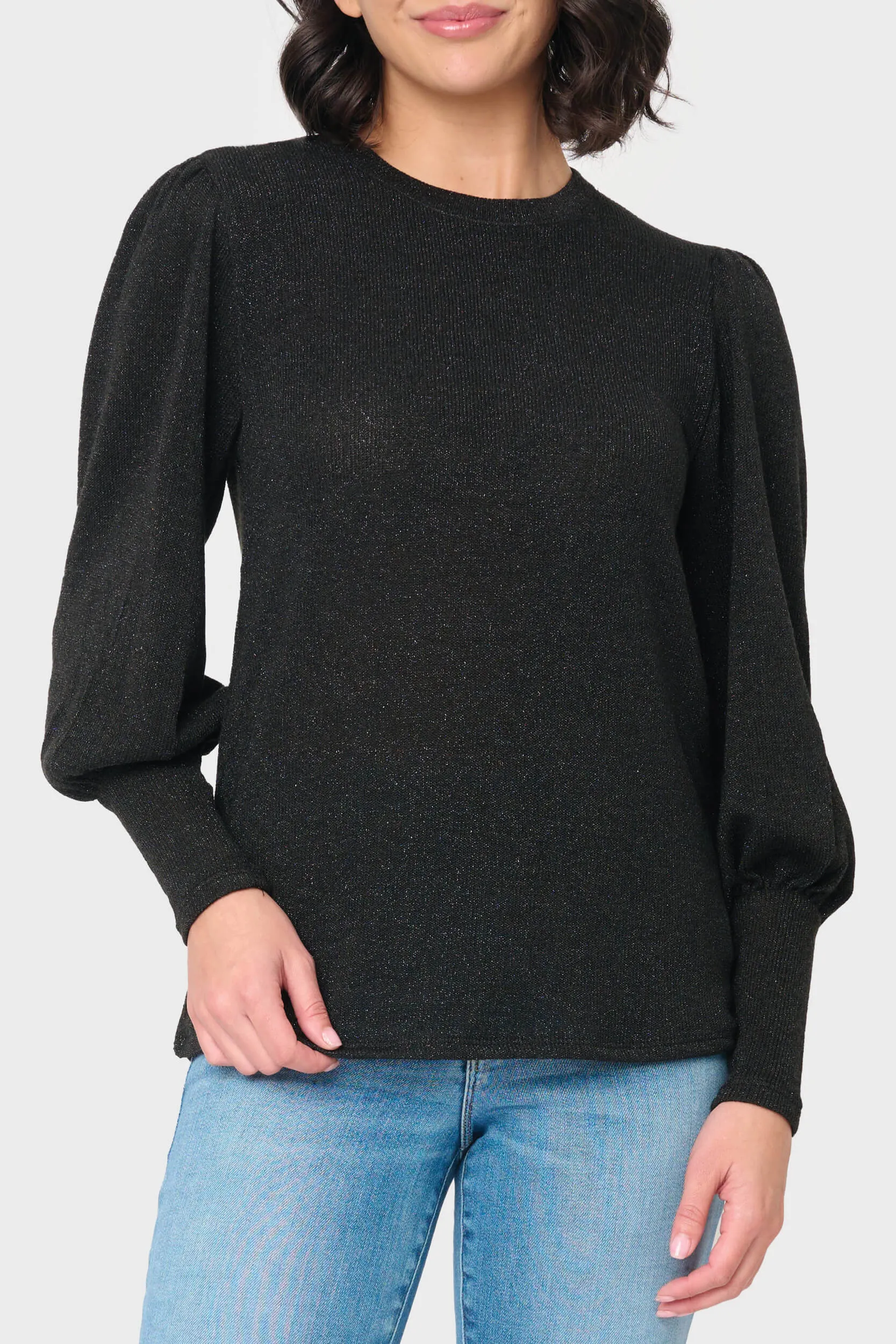 Long Puff Sleeve Crew Neck Lurex Knit Top