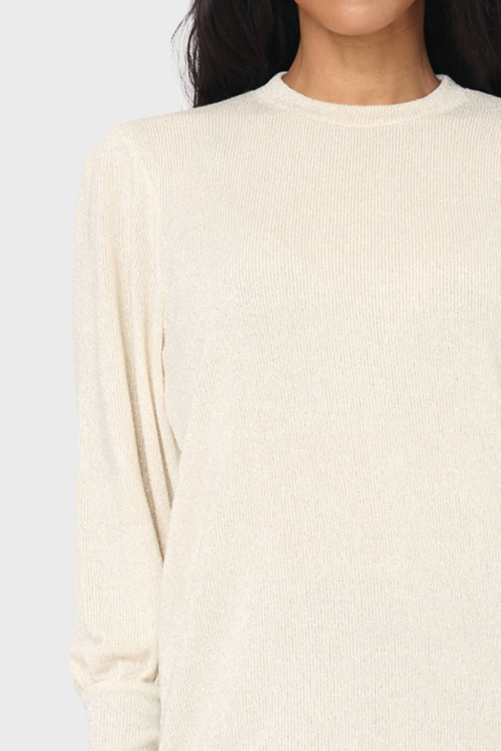 Long Puff Sleeve Crew Neck Lurex Knit Top