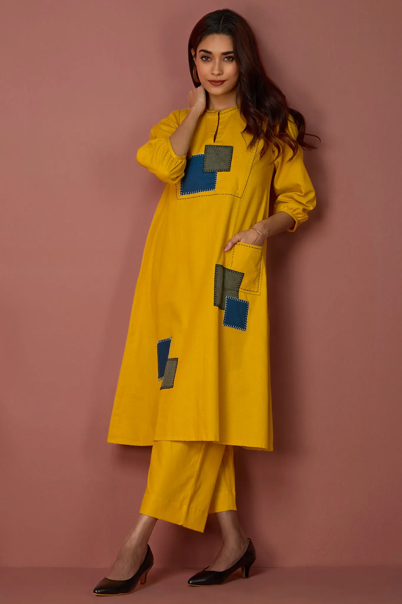 long yoke kurta with patch pocket - Golden Twilight & Azure Slate Checks