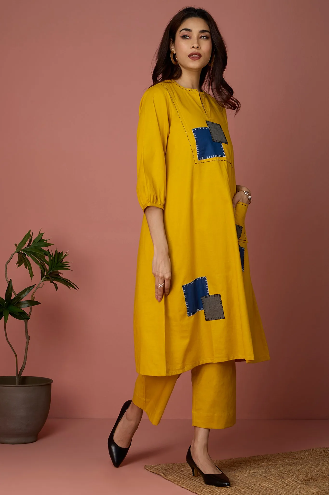 long yoke kurta with patch pocket - Golden Twilight & Azure Slate Checks