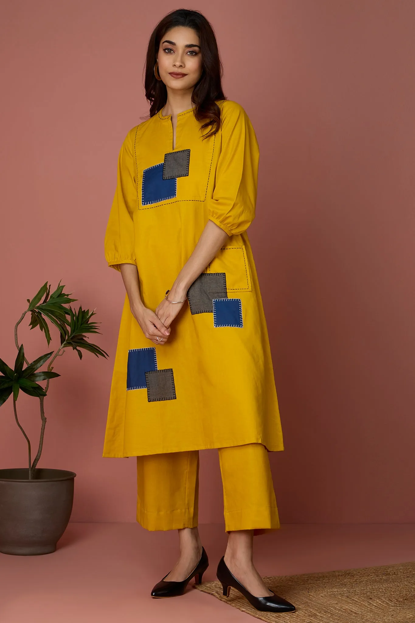 long yoke kurta with patch pocket - Golden Twilight & Azure Slate Checks