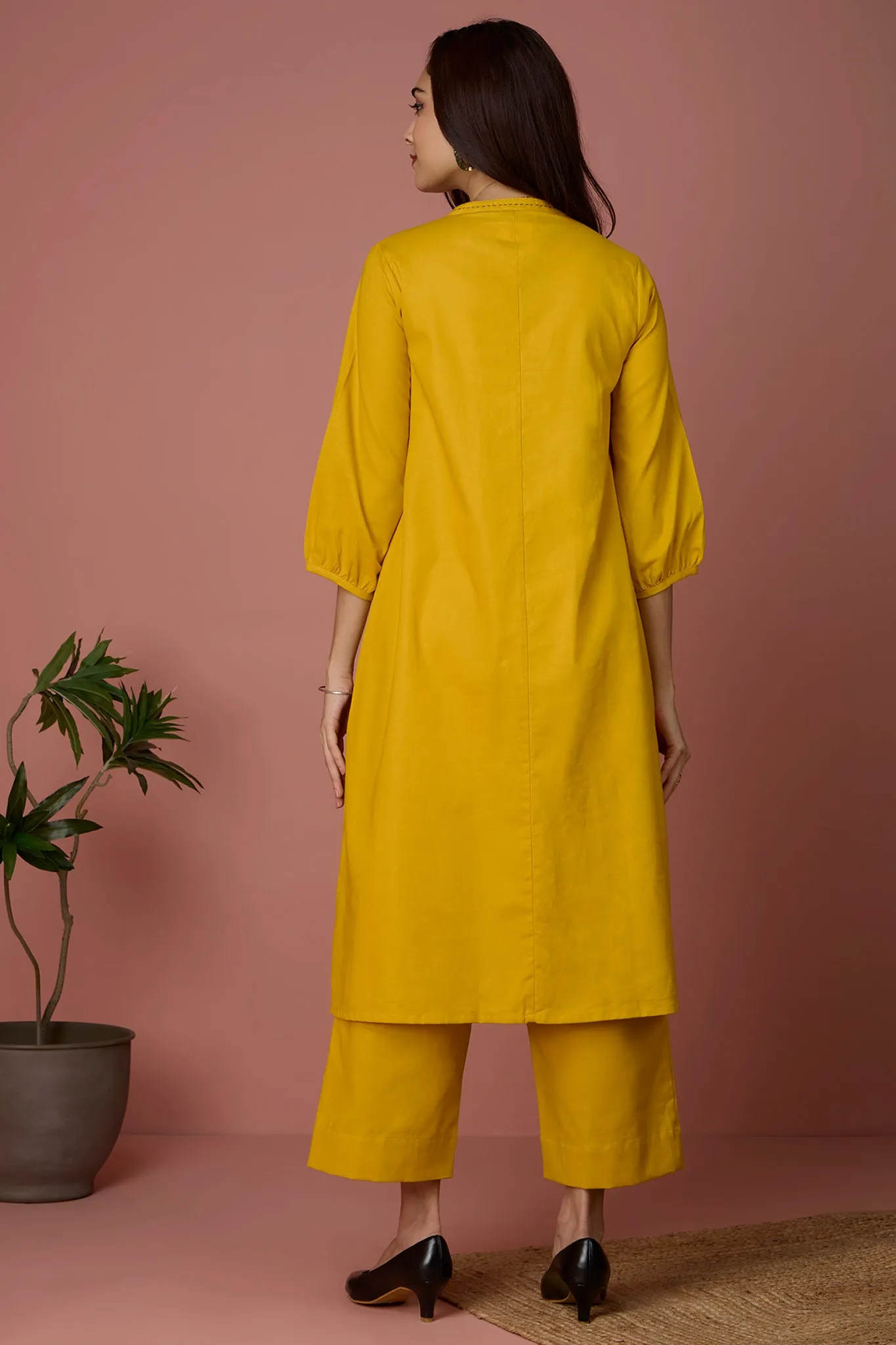 long yoke kurta with patch pocket - Golden Twilight & Azure Slate Checks