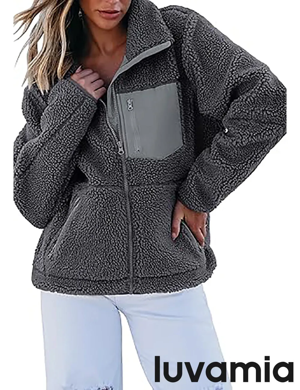 luvamia Jackets for Women Trendy Zip Up Long Sleeve Winter Fall Casual Warm Fleece Coat Jackets with Pockets