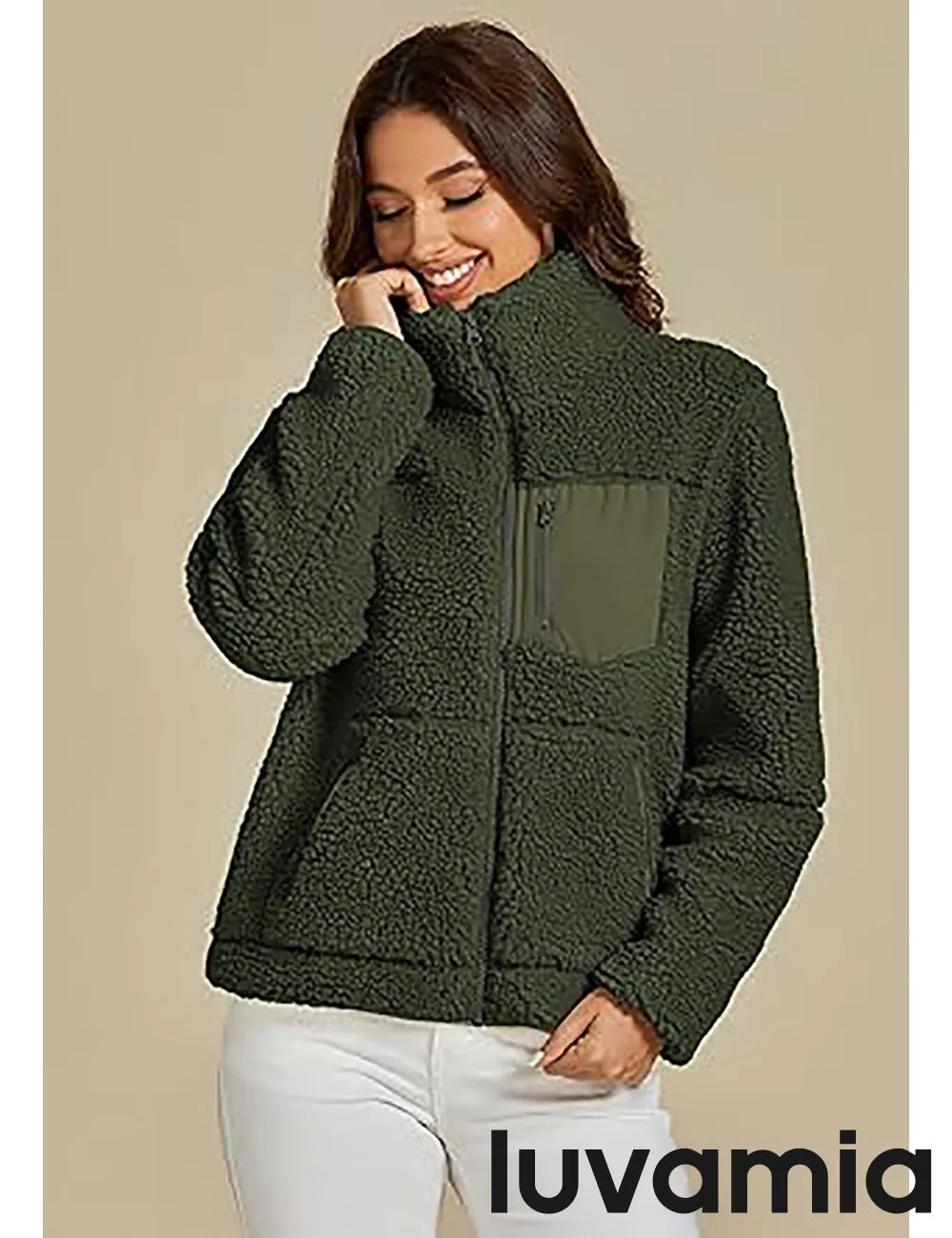 luvamia Jackets for Women Trendy Zip Up Long Sleeve Winter Fall Casual Warm Fleece Coat Jackets with Pockets