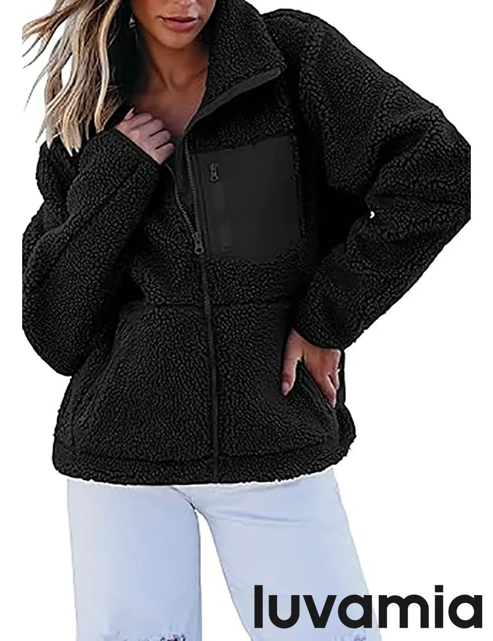 luvamia Jackets for Women Trendy Zip Up Long Sleeve Winter Fall Casual Warm Fleece Coat Jackets with Pockets