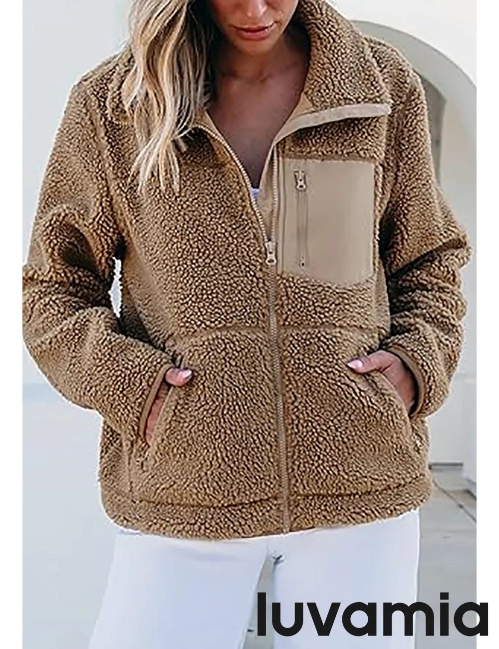 luvamia Jackets for Women Trendy Zip Up Long Sleeve Winter Fall Casual Warm Fleece Coat Jackets with Pockets