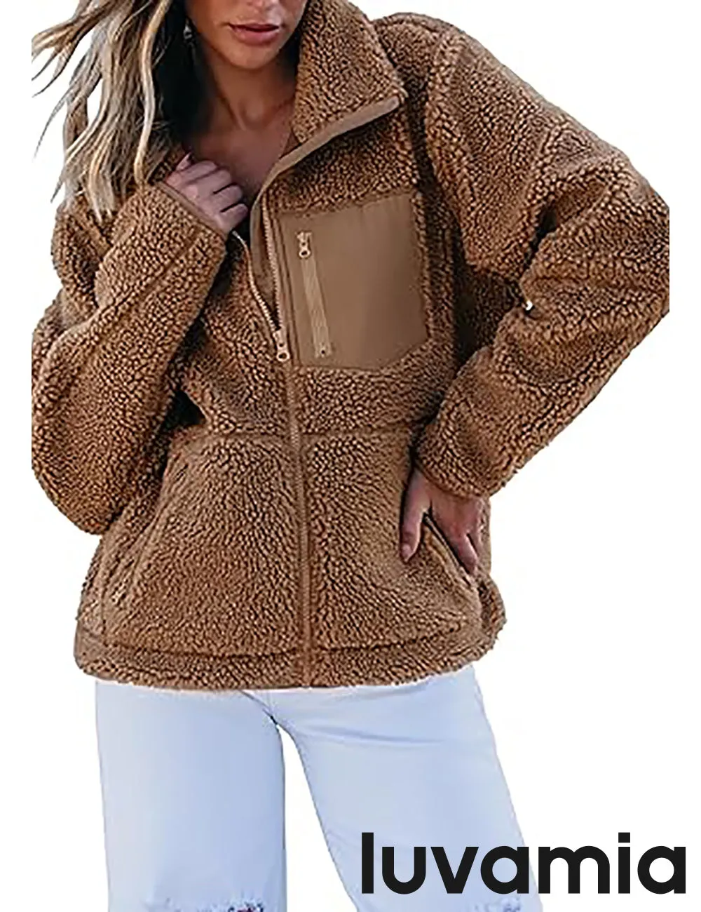 luvamia Jackets for Women Trendy Zip Up Long Sleeve Winter Fall Casual Warm Fleece Coat Jackets with Pockets