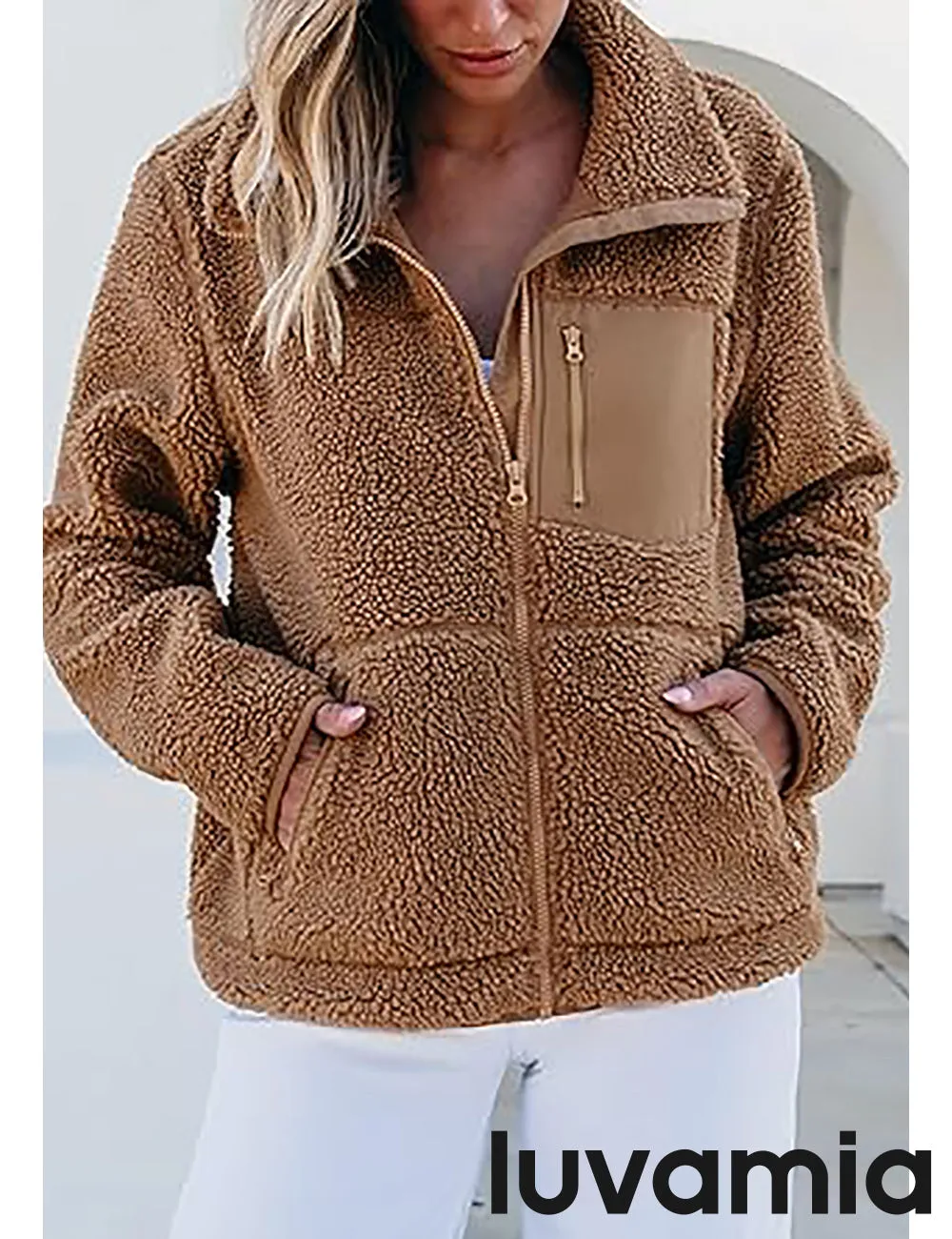 luvamia Jackets for Women Trendy Zip Up Long Sleeve Winter Fall Casual Warm Fleece Coat Jackets with Pockets